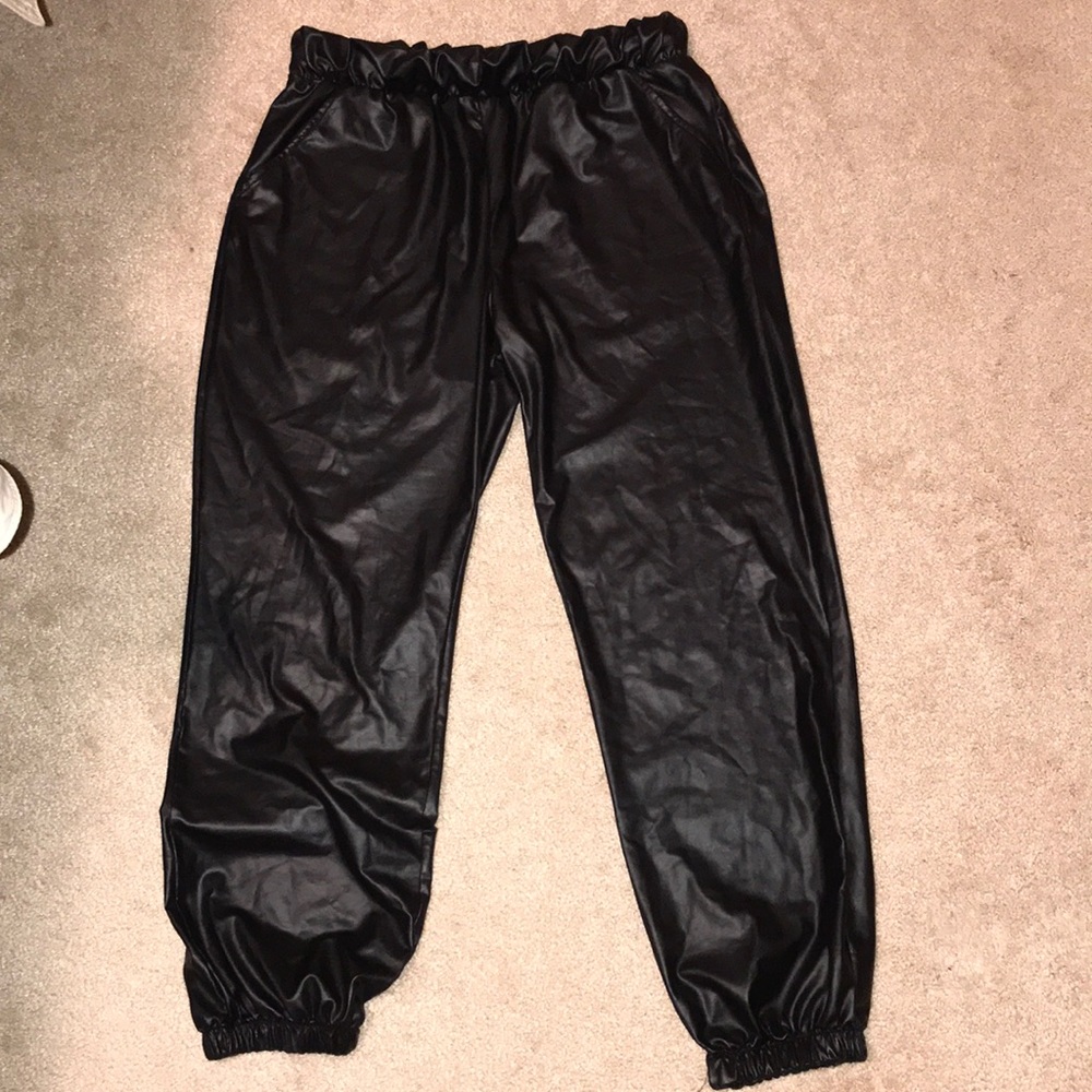 Black Leather Joggers with Pockets